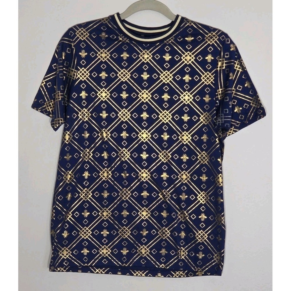 Men's Urban Streetwear T-Shirt, Drill Clothing Navy Blue Gold Metallic Bee Small